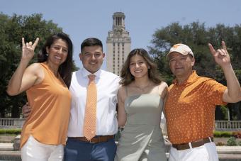 Parents in front of tower
